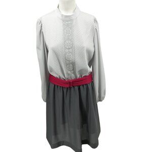 Vintage Jennifer Gee Long Sleeve Lace Pleated Belted Sheath Dress Size 14 Gray